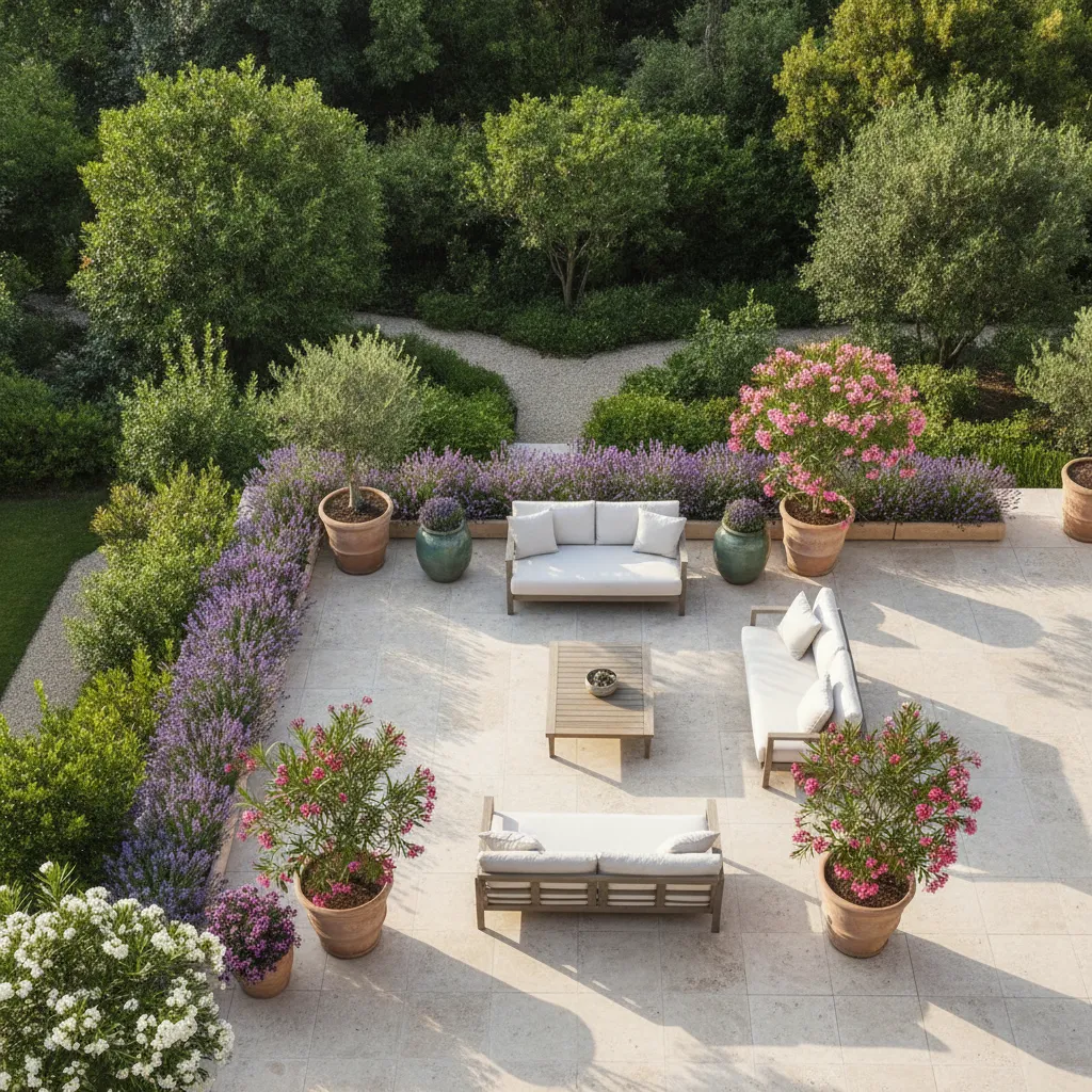 Moderne Terrasse gestalten: helle Steinplatten, bequeme Lounge-Möbel und mediterrane Kübelpflanzen in warmer Sonnenbeleuchtung