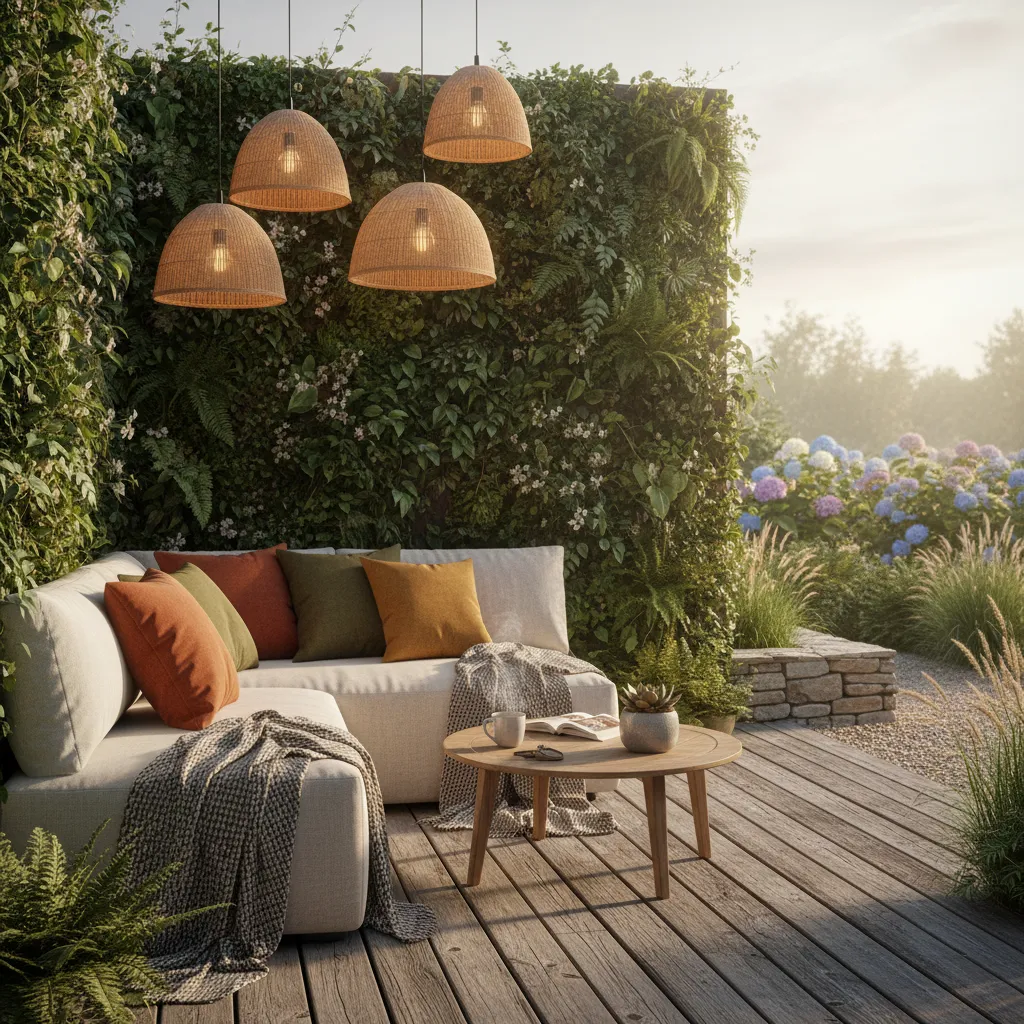 Kleine Terrasse gemütlich gestalten: Holzbelag, warme Beleuchtung, vertikale Begrünung und gemütliche Sitzkombination