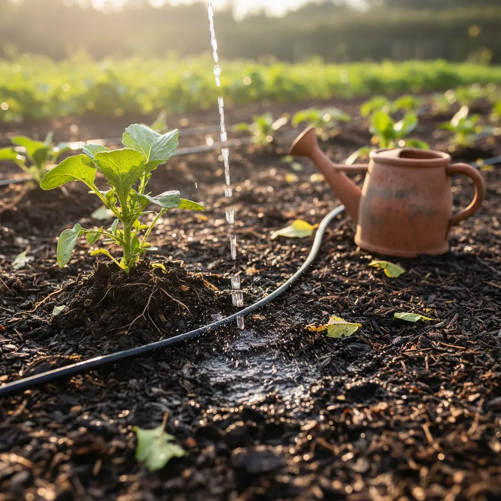 Richtig gießen bei Hitze: Tropfbewässerung direkt am Wurzelhals, Wasser penetriert feuchte Erde im Mulchbeet