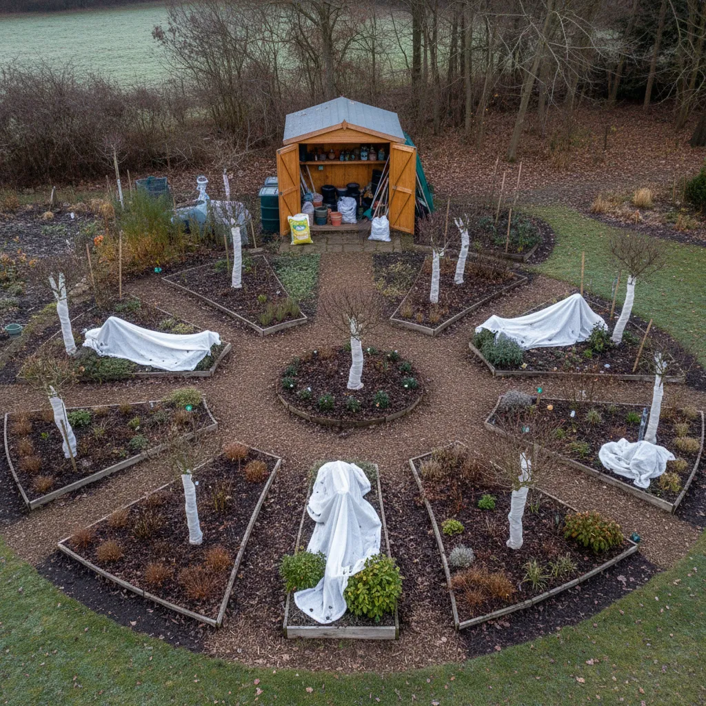 Garten Winter schützen: Komplette Wintervorbereitung mit geschützten Pflanzen, eingewickelten Bäumen und systematischer Lagerung von Werkzeugen und Möbeln