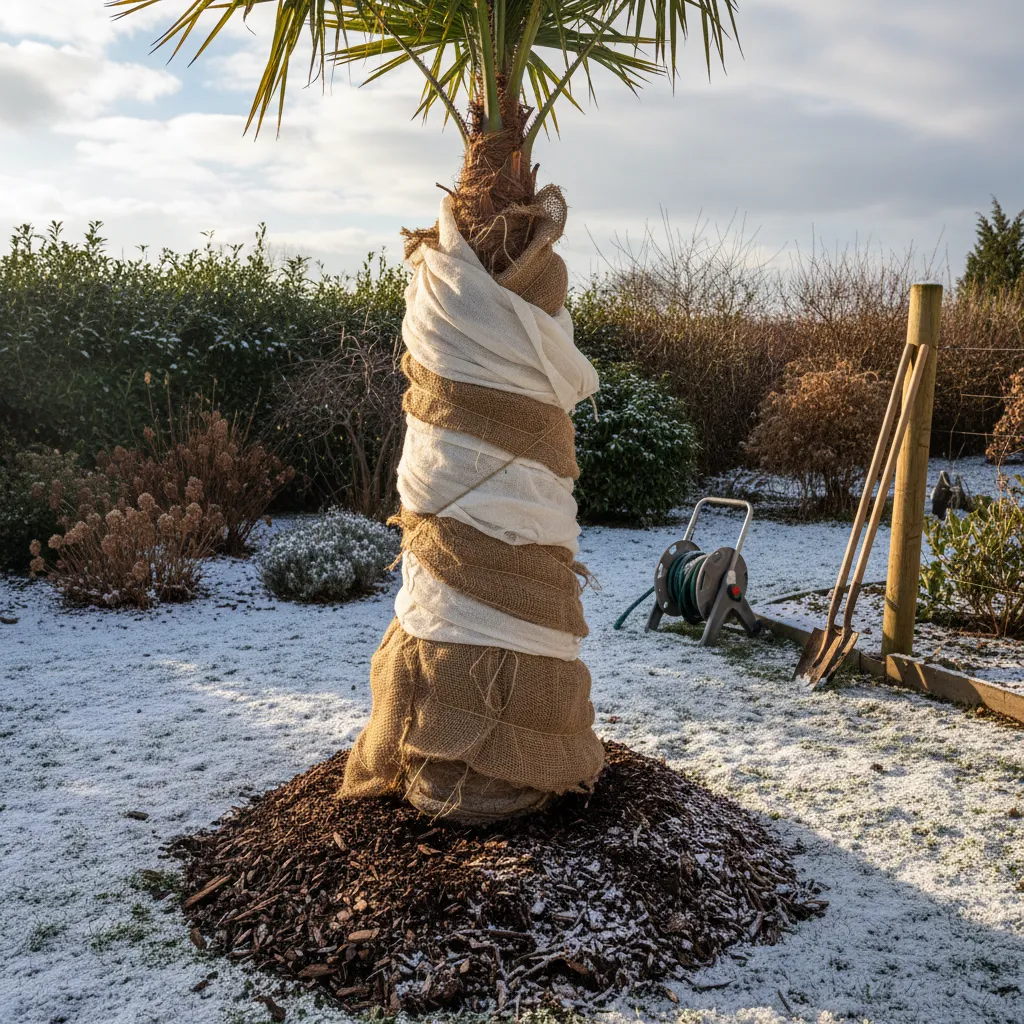Chinesische Hanfpalme überwintern: Der Stamm ist mit weißem Vlies und Jute umwickelt, die Basis großzügig gemulcht – perfekter Winterschutz für den Kübel