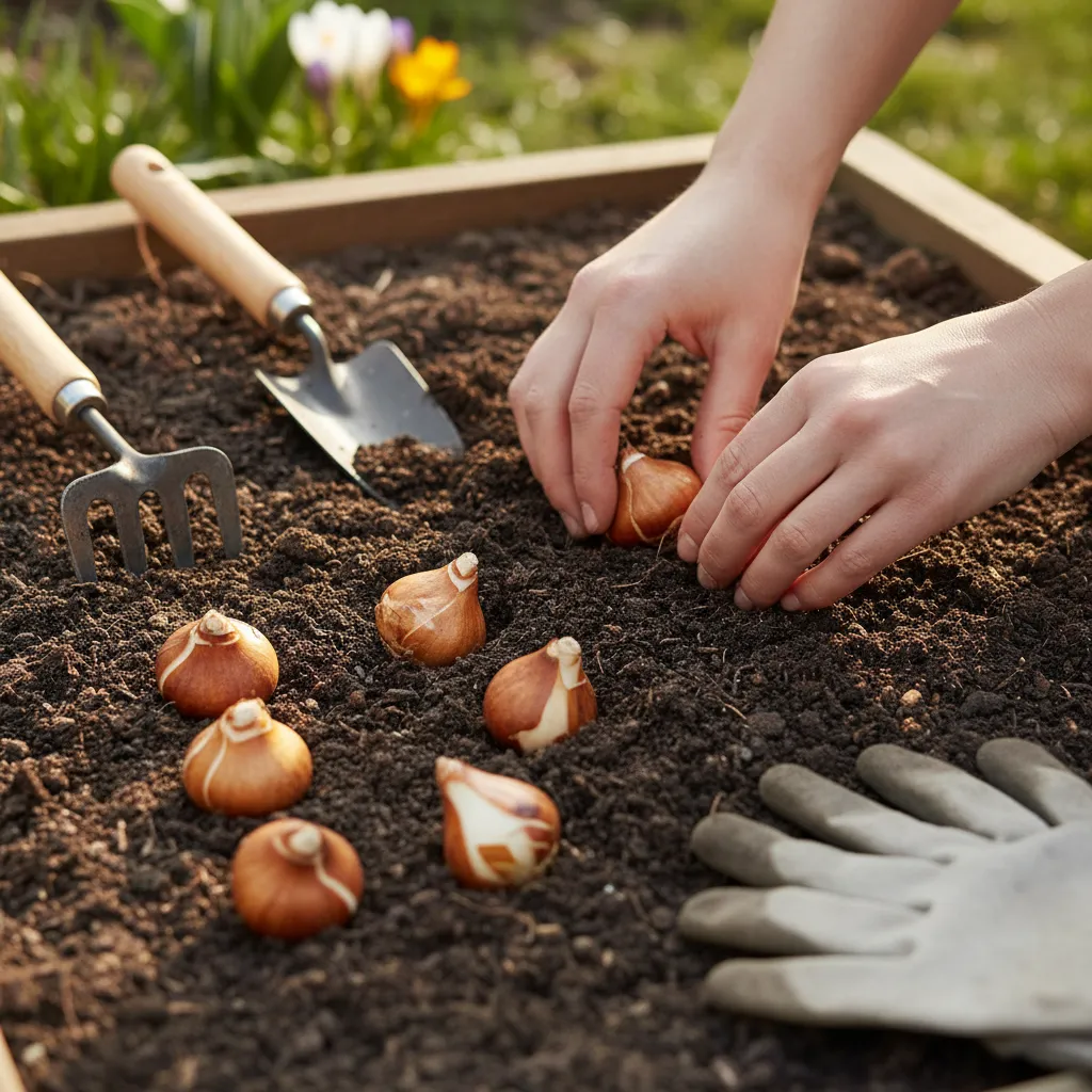 Blumenzwiebeln pflanzen im Herbst: Hände setzen Tulpen und Narzissen in lockere Gartenerde ein