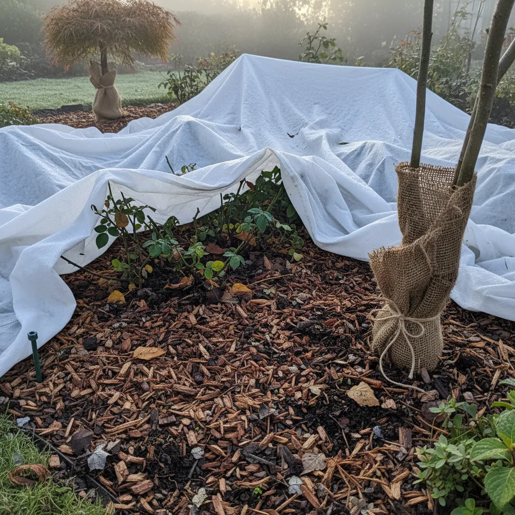 Gartenarbeiten im November: Detailaufnahme von Frostschutzmaßnahmen mit Mulch, Jute-Schutz und Laubabdeckung auf Beeten