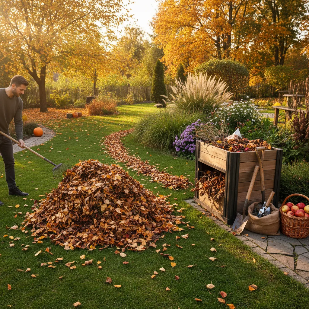 Gartenarbeiten im Oktober: Laub rechen auf dem Rasen und Kompostumlagerung zum Winterschutz