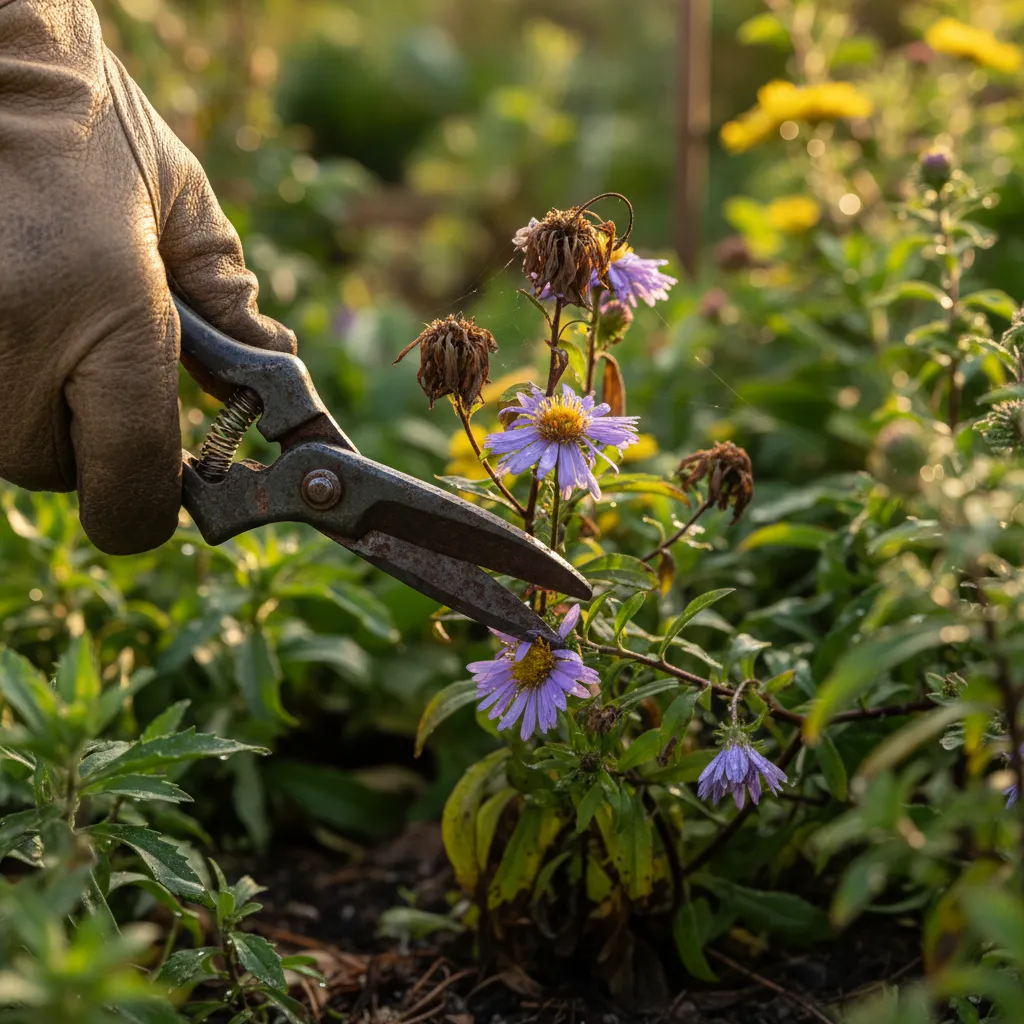 Detailaufnahme: Gartenschere schneidet verblühte Blütenstände ab, Gartenarbeiten im September