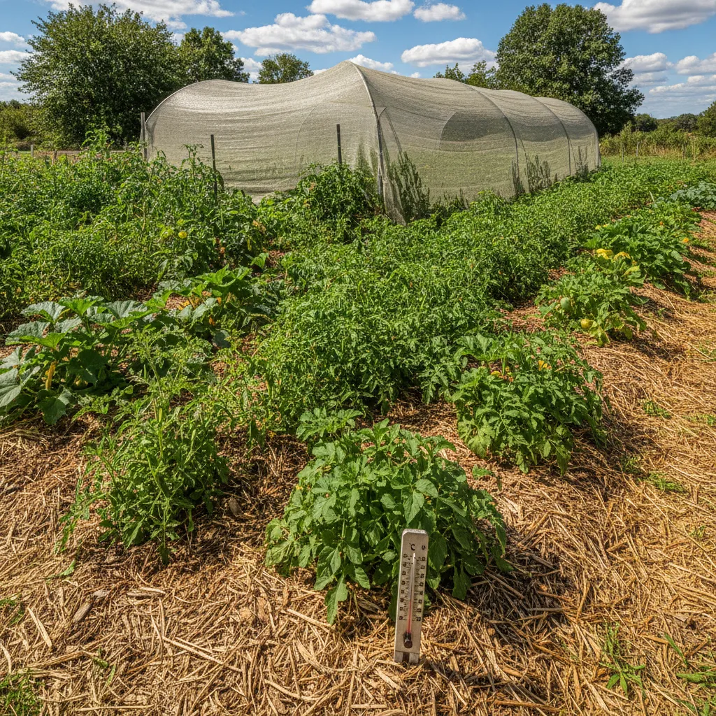 Gartenarbeit im Juli: Mulchbelag und Schutznetze schützen Pflanzen vor Hitzestress und reduzieren Wasserverlust um bis zu 70 Prozent
