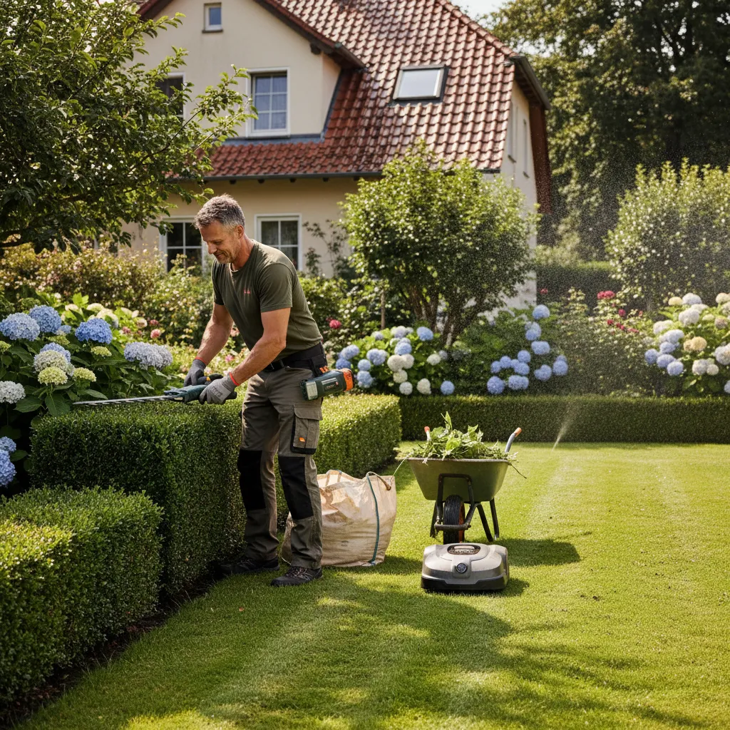 Professioneller Gärtner führt Rasenpflege und Heckenschnitt durch – absetzbare Arbeitsleistungen