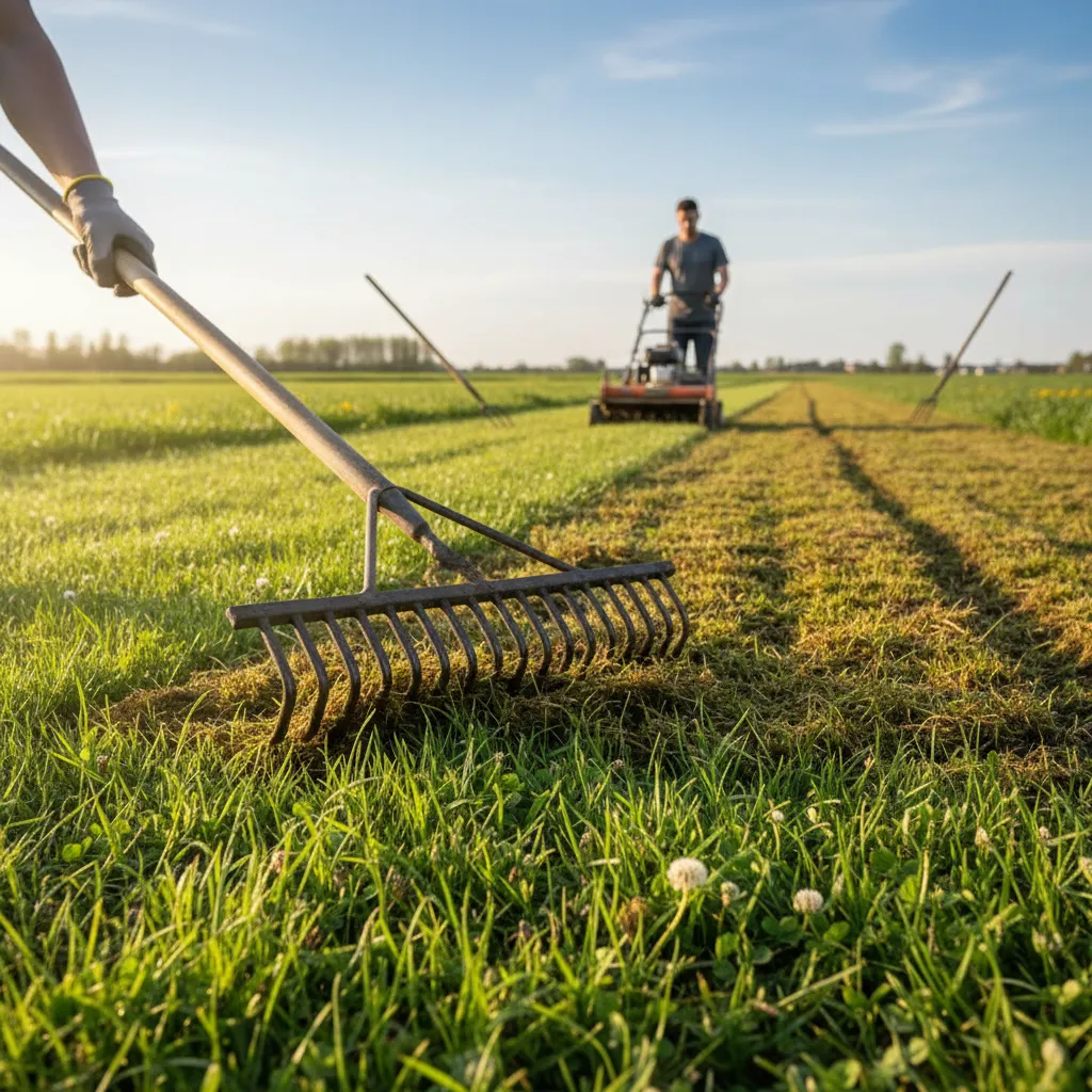 Rasenpflege im April: Rasen wird vertikutiert und von Moos befreit, grünes Gras und Gartengeräte im sonnigen Frühling sichtbar