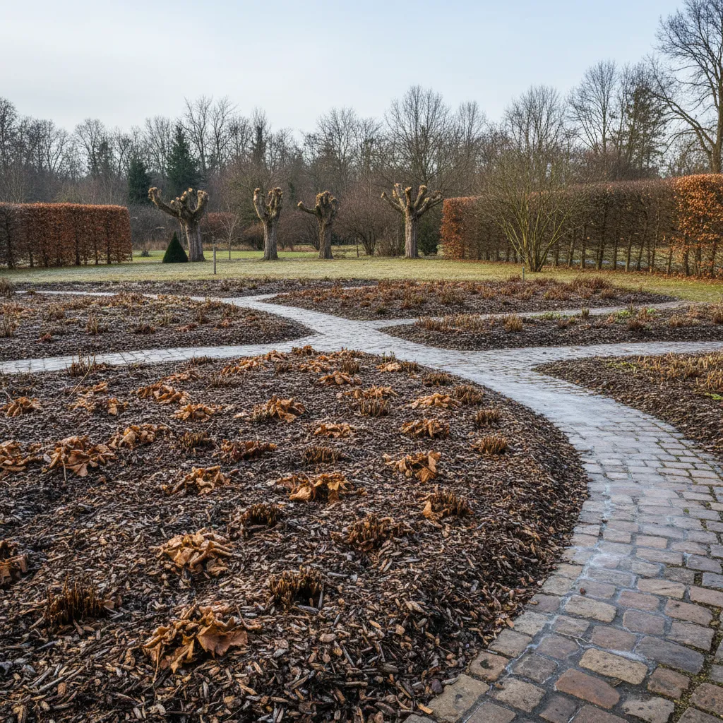 Gartenarbeiten Februar: Gartenbeet mit Laubschicht und Mulch als Winterquartier für Nützlinge und Insekten