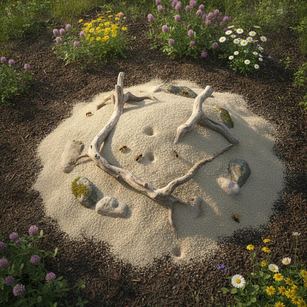 Ein selbstgebautes Sandarium mit Sand, Totholz und Steinen bietet bodennistenden Wildbienen einen natürlichen Nistplatz im Mai