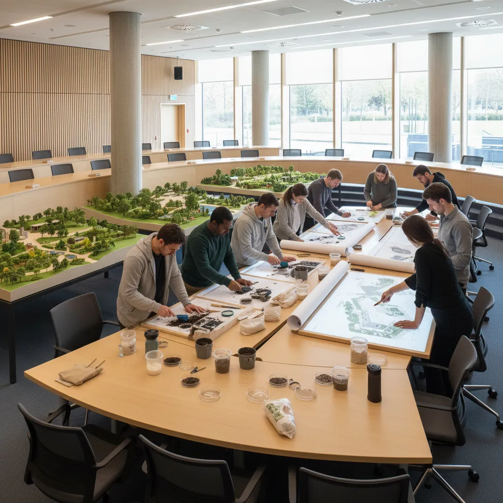 Studierende in der Gartenarchitektur Ausbildung bei praktischem Unterricht mit Bodenproben und Gartenmodellen