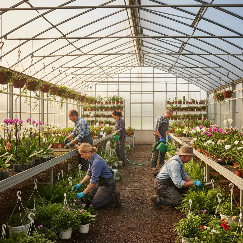 Gartenbauwerker in einem Gewächshaus bei der Pflege von Zierpflanzen und Blütengewächsen