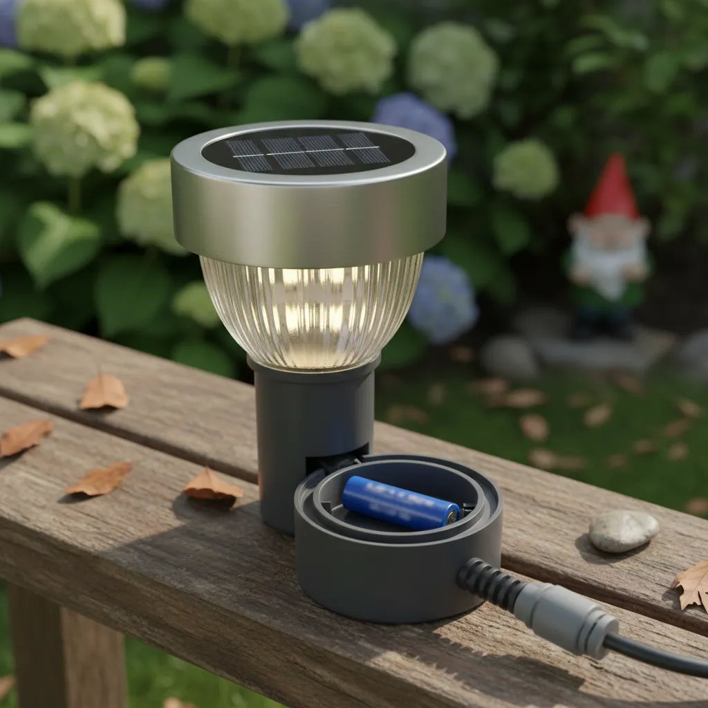 Technischer Aufbau einer Solar-Gartenleuchte mit Solarpanel, Akku und LED-Element deutlich sichtbar in Nahaufnahme