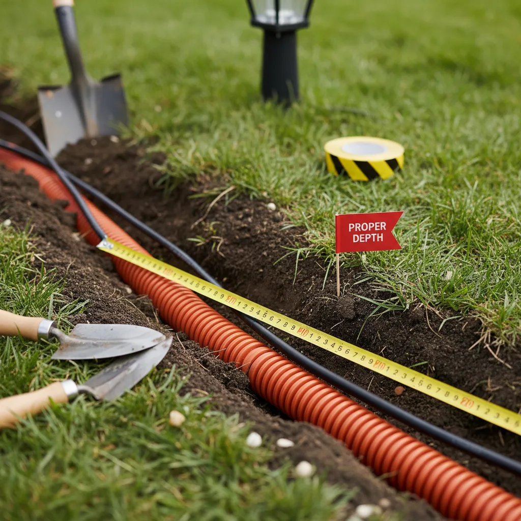 Fachgerechte Verlegung von Erdkabel für Gartenbeleuchtung in optimaler Tiefe mit Schutzrohr