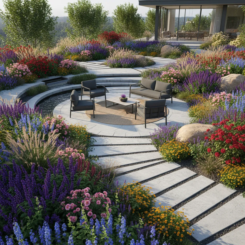Umgesetzter Garten nach professioneller Gestaltung: Harmonische Bepflanzung, ansprechende Wege und durchdachte Gartenstruktur