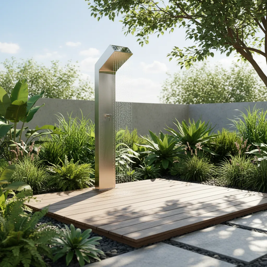 Solardusche im Garten mit Solaranlage für Warmwasser, moderne Gartenbewässerung mit erneuerbaren Energien