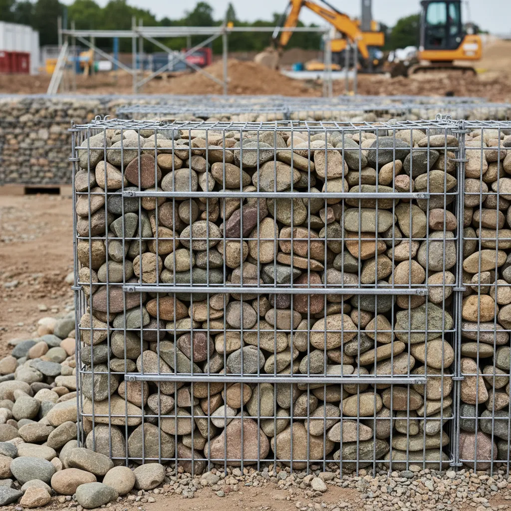 Detailaufnahme einer Gabionenkonstruktion während des Aufbaus: verzinktes Drahtgeflecht mit Natursteinen und Kiesschichten gefüllt, Abstandshalter sichtbar – professionelle Handwerkskunst in der Praxis