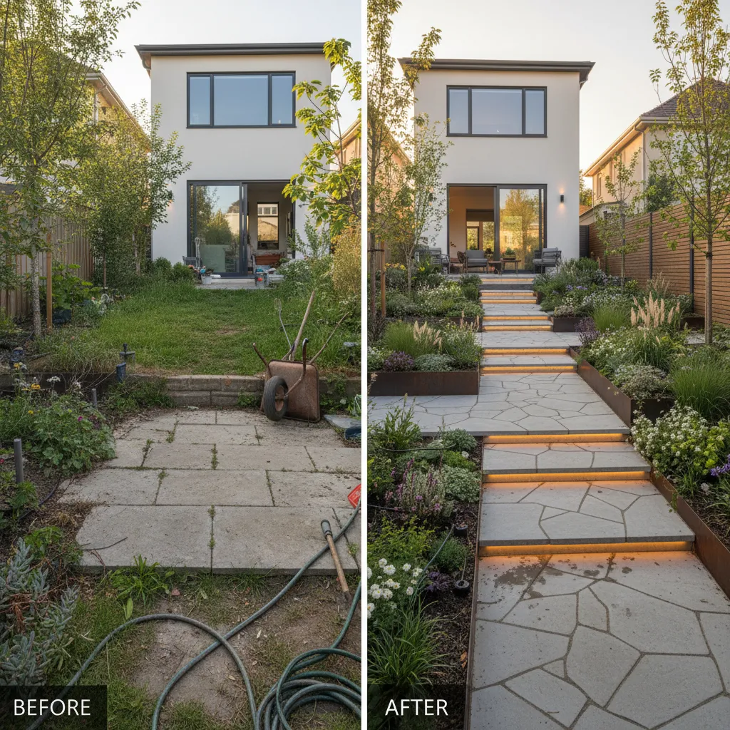 Hochwertige Gartengestaltung mit professioneller Terrassenanlage, Bepflanzung und Wegeführung – Beispiel einer Garten-Neugestaltung
