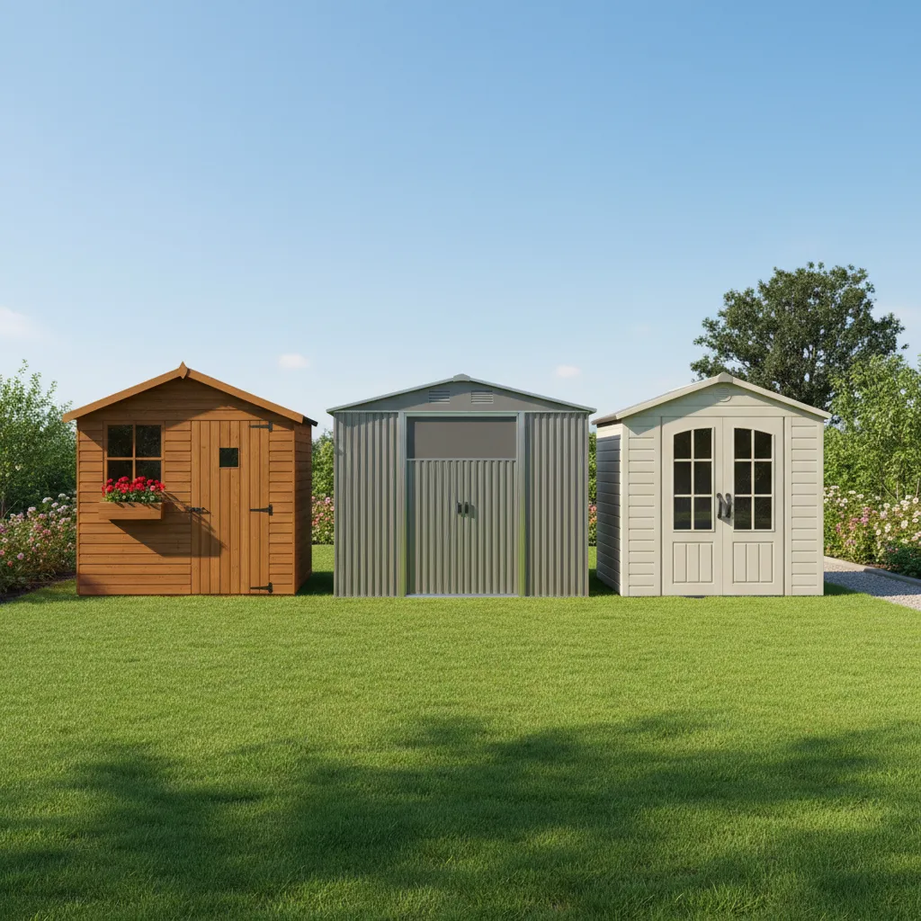Vergleich verschiedener Gartenhäuser: Holz, Metall und Kunststoff nebeneinander im Garten