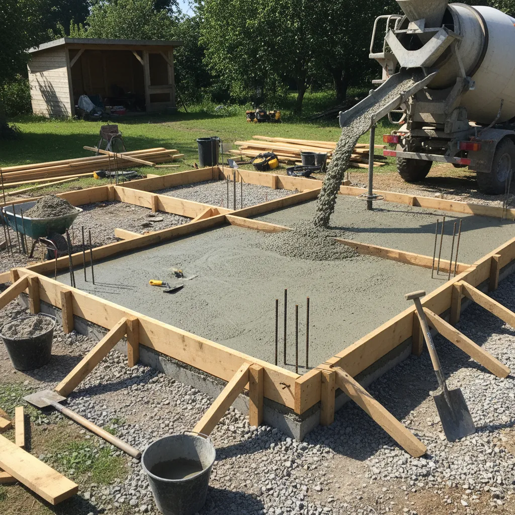 Baustelle mit Betonierung eines Gartenhaus-Fundaments, zeigt solide Grundlage für langfristige Stabilität des Gartenhauses