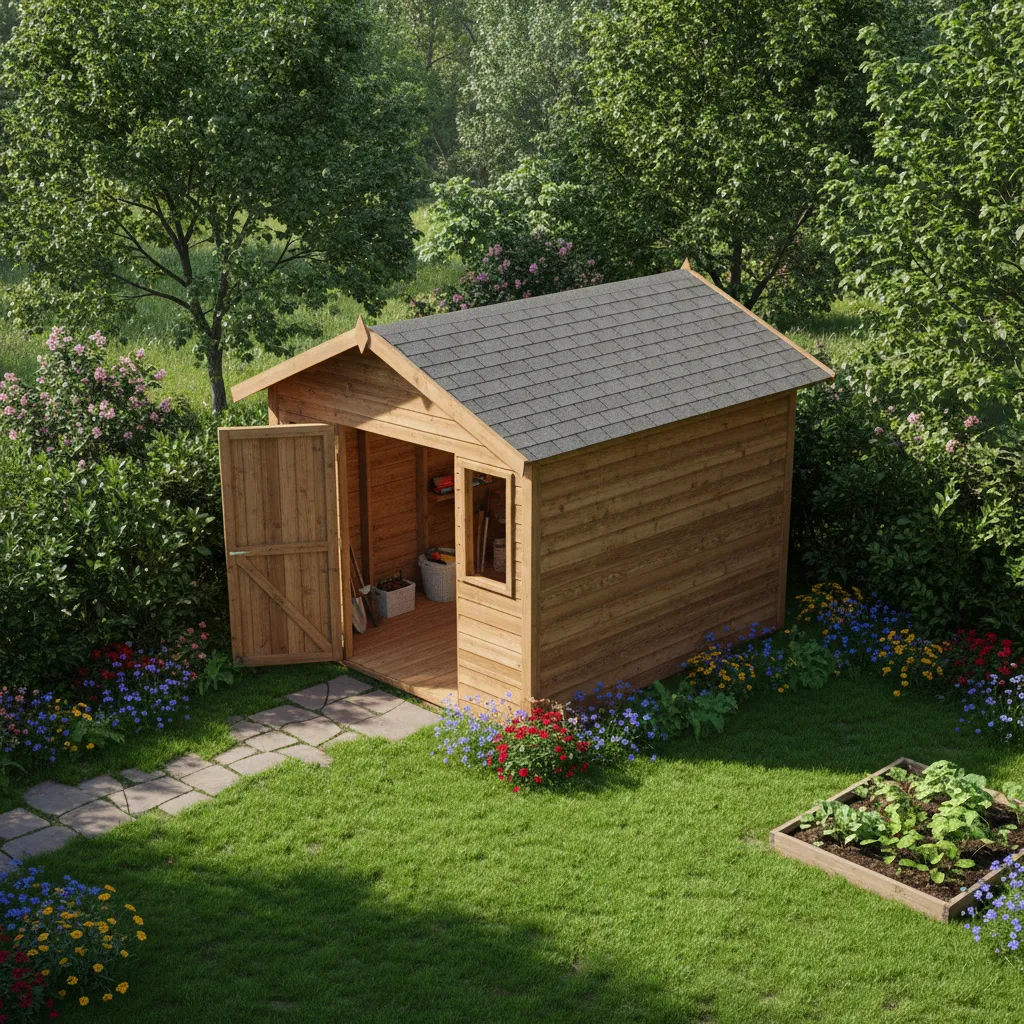 Fertiges Holzgartenhaus mit Spitzdach und offener Tür im grünen Garten – Ergebnis vom Gartenhaus Selbstbau