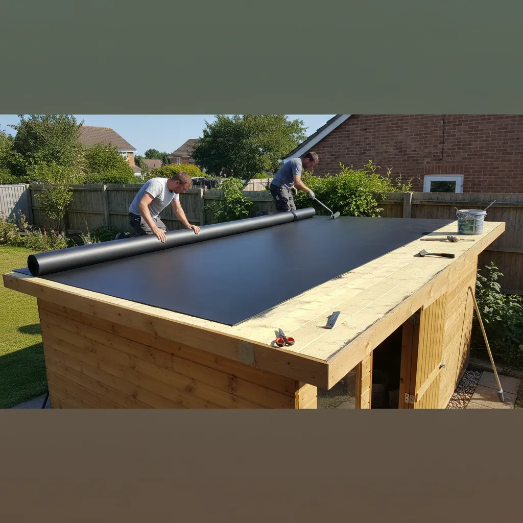 EPDM-Dachfolie wird auf einem Flachdach eines Gartenhäuschens verlegt und mit Spezialkleber fixiert