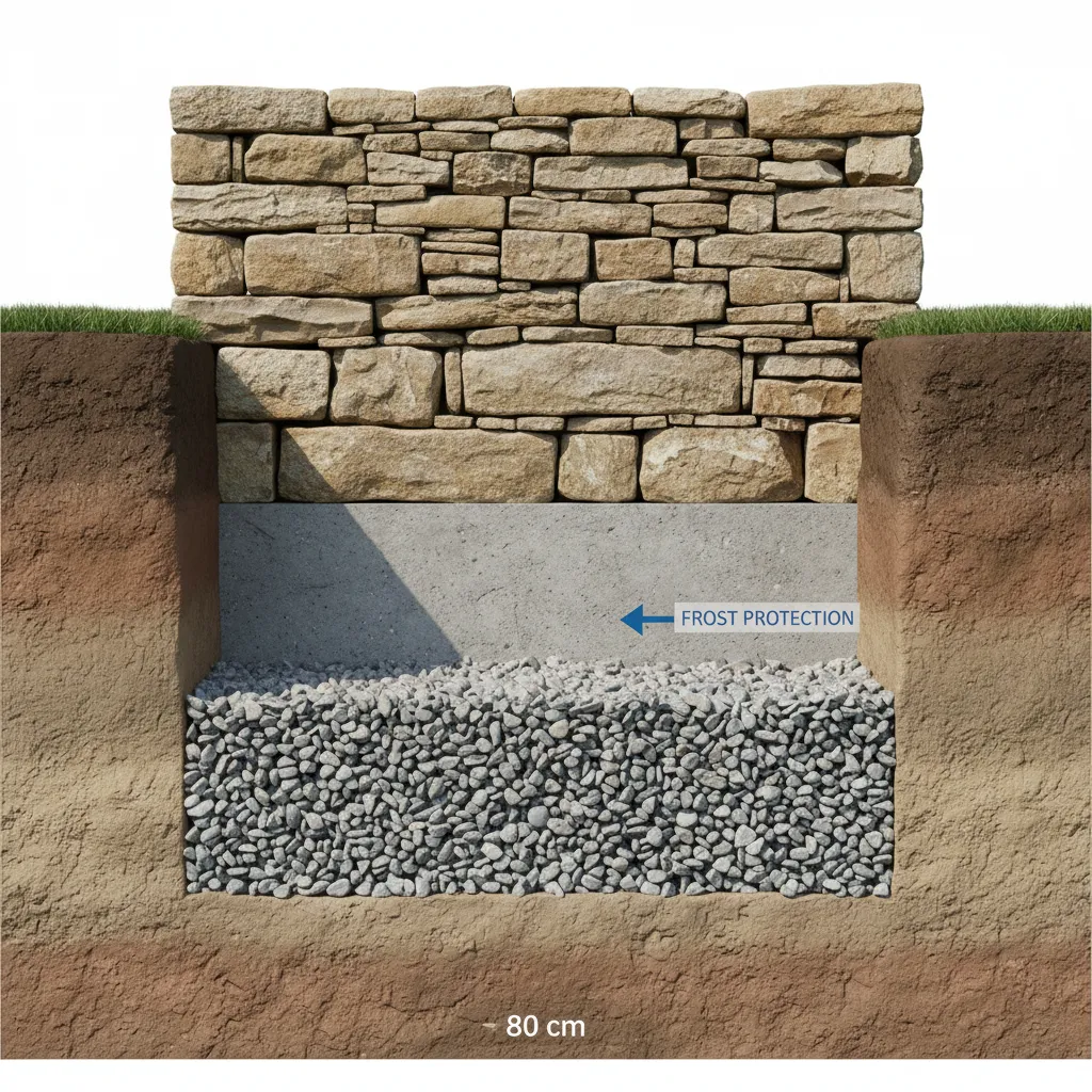 Gartenmauer Fundament: Querschnitt mit 80 cm tiefem Graben, Frostschutzschicht und Betonfundament für stabile Mauer