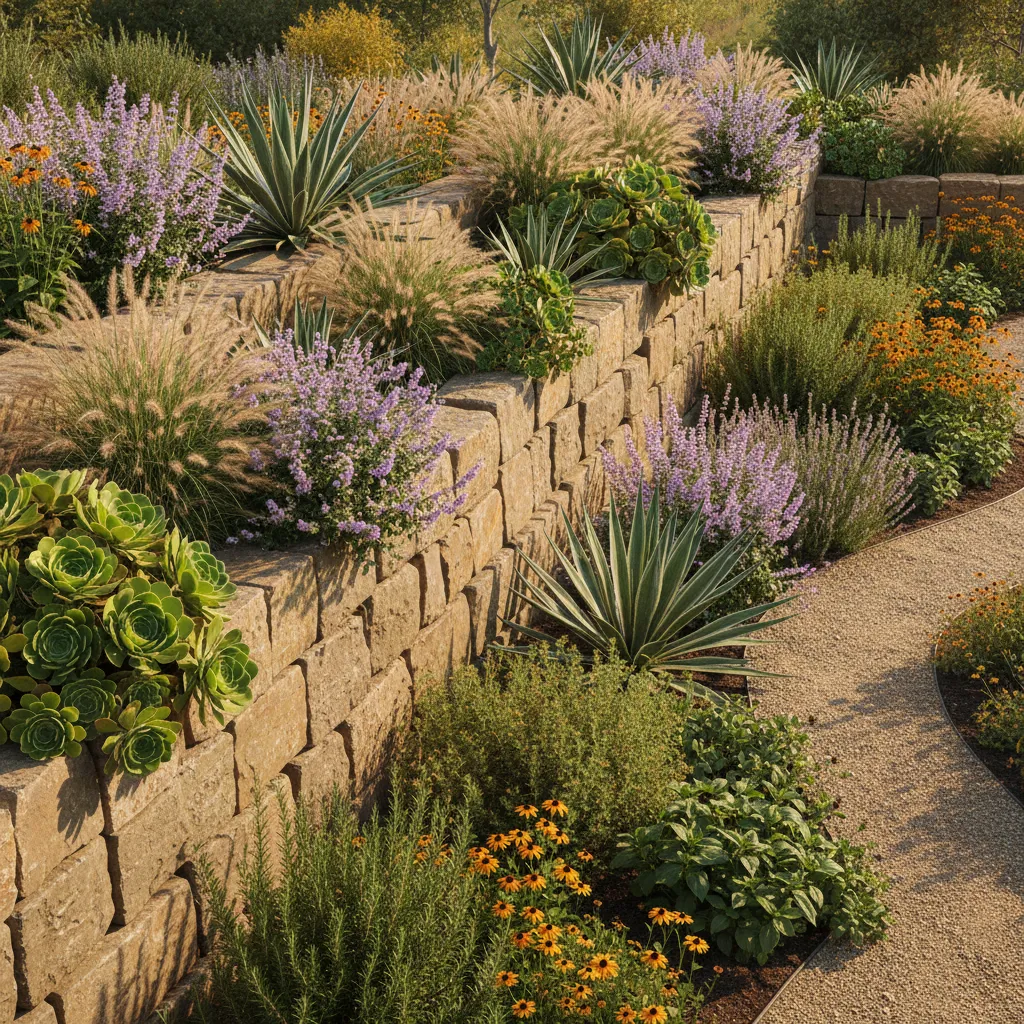 Gartenmauer Bepflanzung mit Hochbeet, winterharten Stauden, Lavendel und Kräutern in Fugen und auf der Mauerabdeckung
