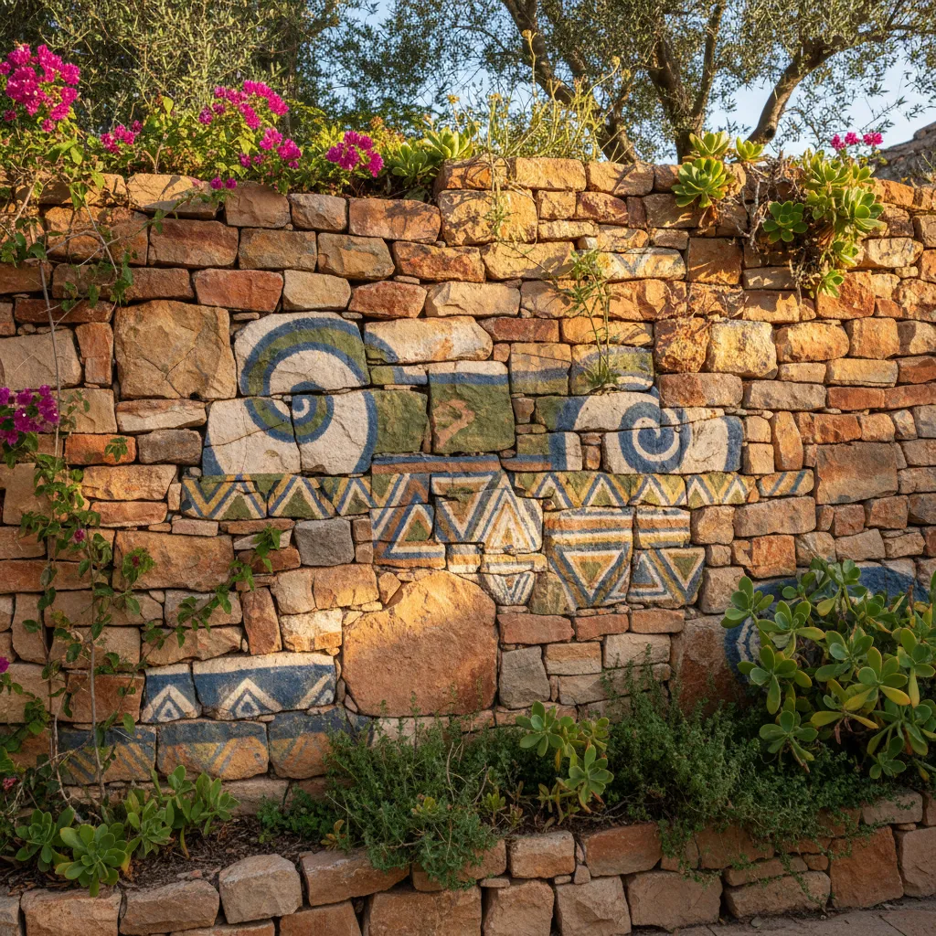 Antik gestaltete Gartenmauer aus Natursteinen mit künstlerisch bemalten Elementen und integrierten Bepflanzungen – mediterranes Flair mit Kunstwerk-Charakter
