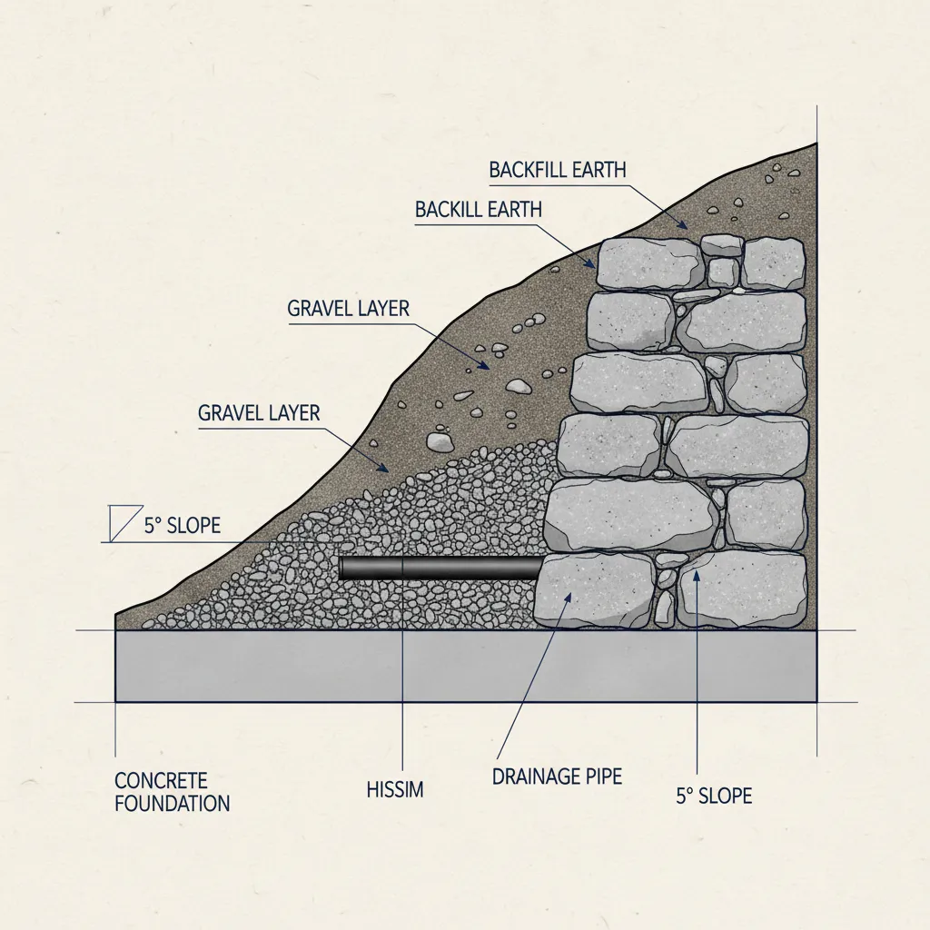 Technischer Querschnitt durch eine Stützmauer mit Fundament, Drainageschicht, Hinterfüllung und Neigung zum Hang