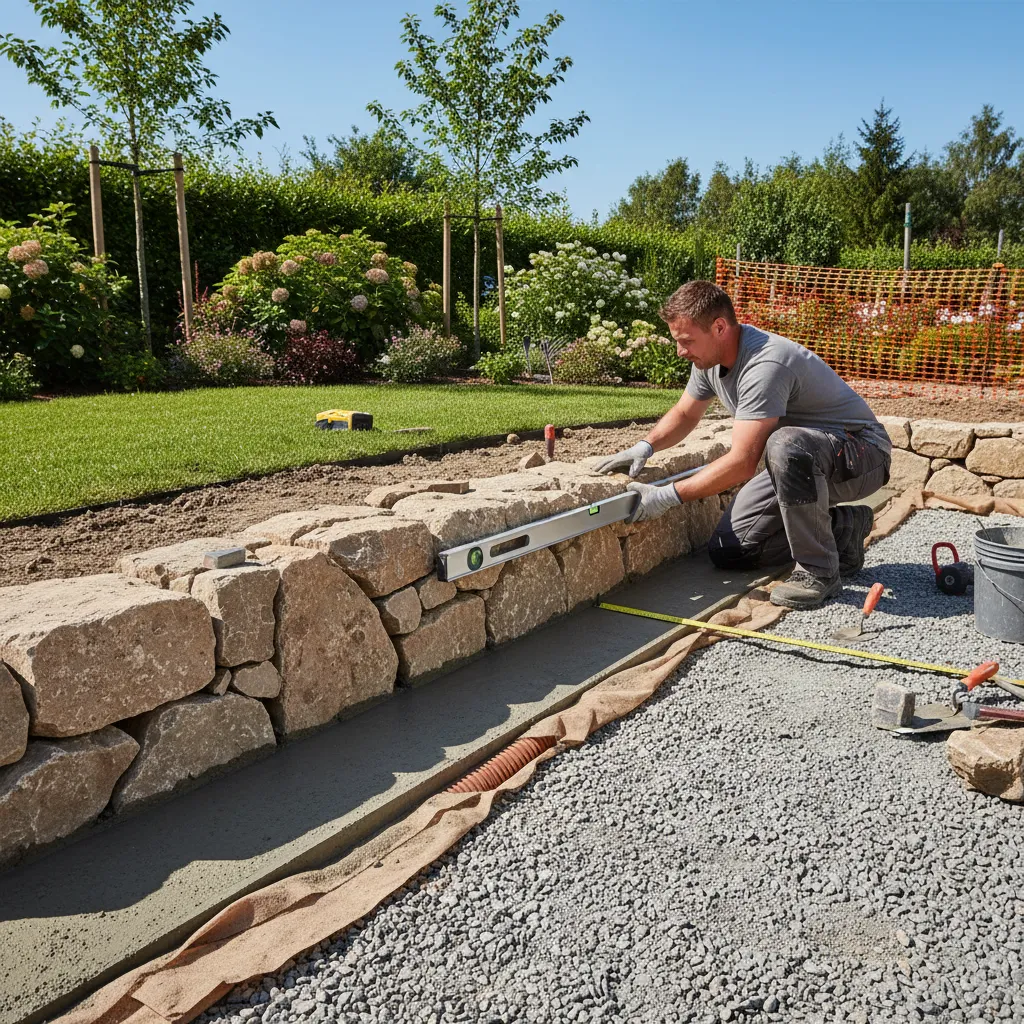 Professionelle Fundamentvorbereitung für Naturstein-Gartenmauer mit Drainageschicht und Betonfundament