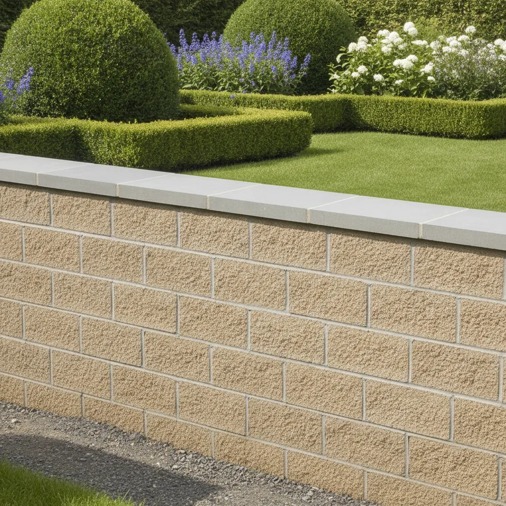 Fertiggestellte Mörtelmauer aus Betonsteinen mit ebenen Fugenflächen und Mauerkrone als Sitzfläche im Garten
