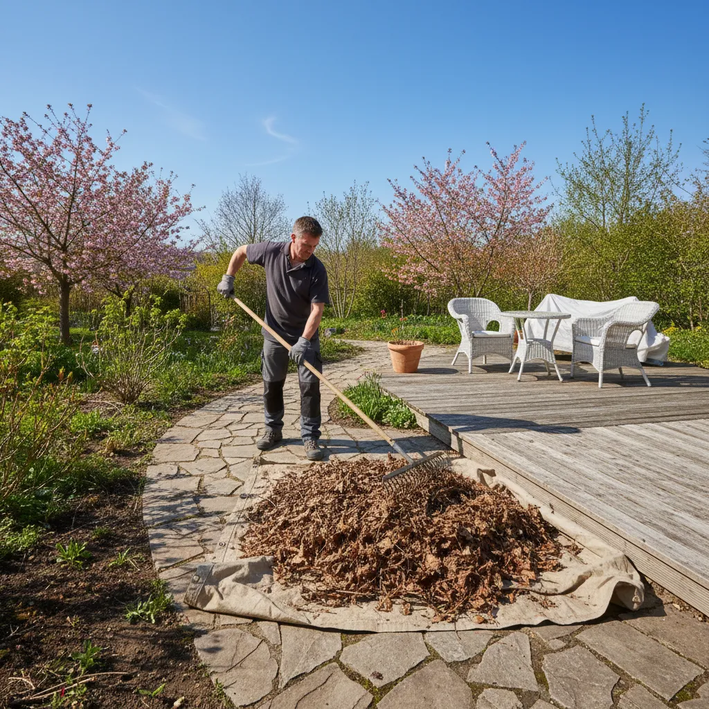 Gartenpflege im Februar: Ein Gärtner rechen Laub und Moos von Gehwegen und Terrasse, daneben Gartenmöbel