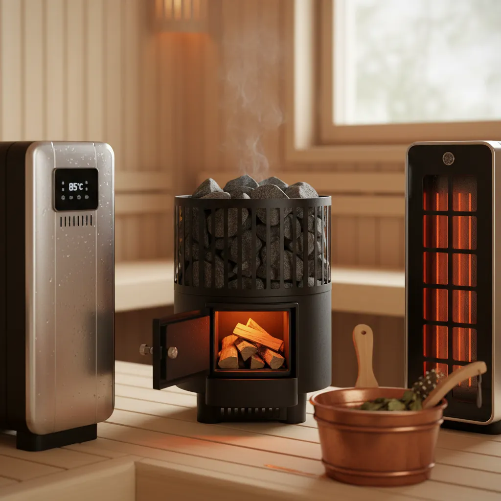 Verschiedene Saunaofen-Typen im Vergleich: Elektro-Saunaofen, Holz-Saunaofen und Zubehör wie Aufgusskelle und Thermometer – Übersicht der Heizquellen