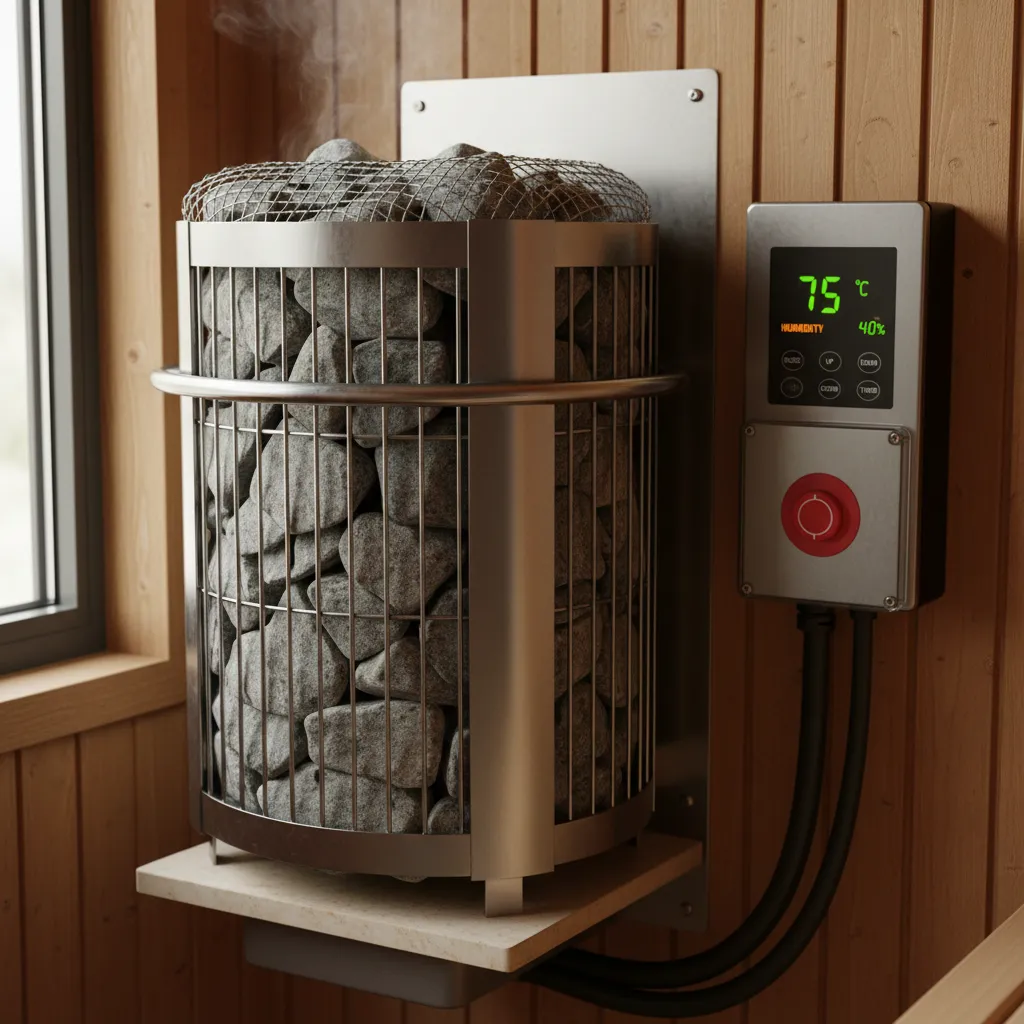 Nahaufnahme eines elektrischen Saunaofen mit Saunasteinen, Bedienfeld und Sicherheitsvorrichtungen für Gartensauna-Installation