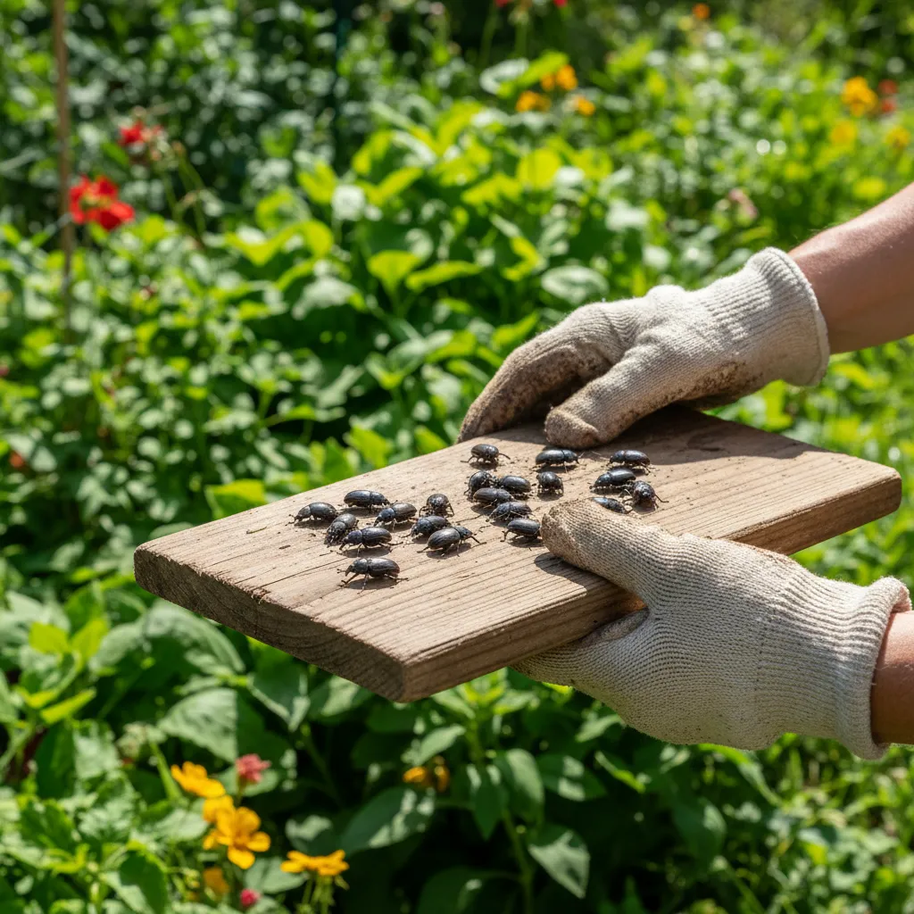 Gärtner mit Handschuhen hält ein Holzbrett mit gefangenen Dickmaulrüssler-Käfern als biologische Schädlingsbekämpfungsmethode