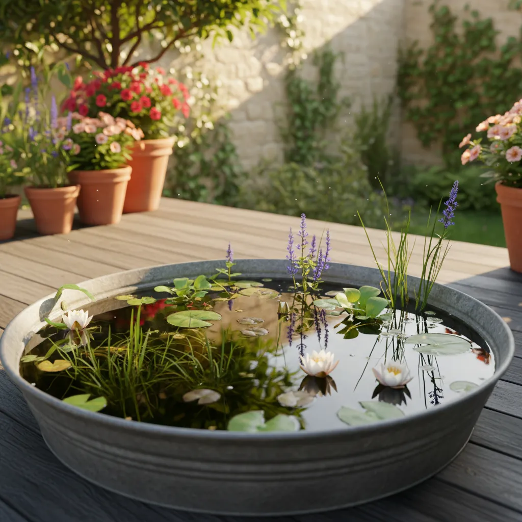 Ein Miniteich in einer Zinkwanne mit bepflanzten Wasserpflanzen und Zwergseerosen auf einer Terrasse oder dem Balkon