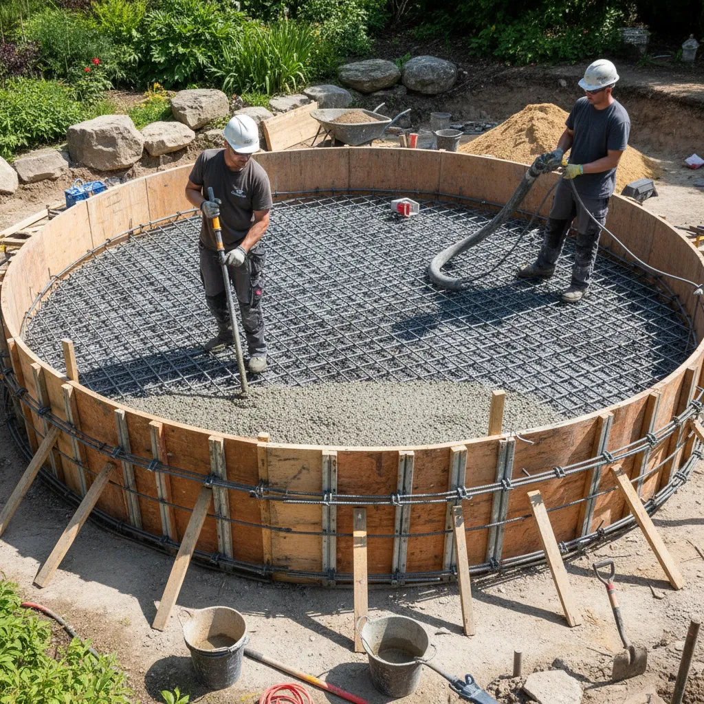 Baustelle eines Gartenteichs aus Beton: Stahlarmierung wird eingebaut, Schalung sichtbar, Betonverguss im Gange