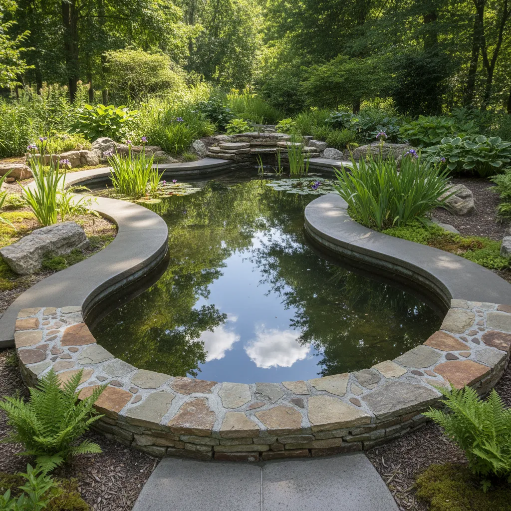 Fertig gebauter Gartenteich aus Beton mit klarem Wasser, grünen Wasserpflanzen und Steineinfassung