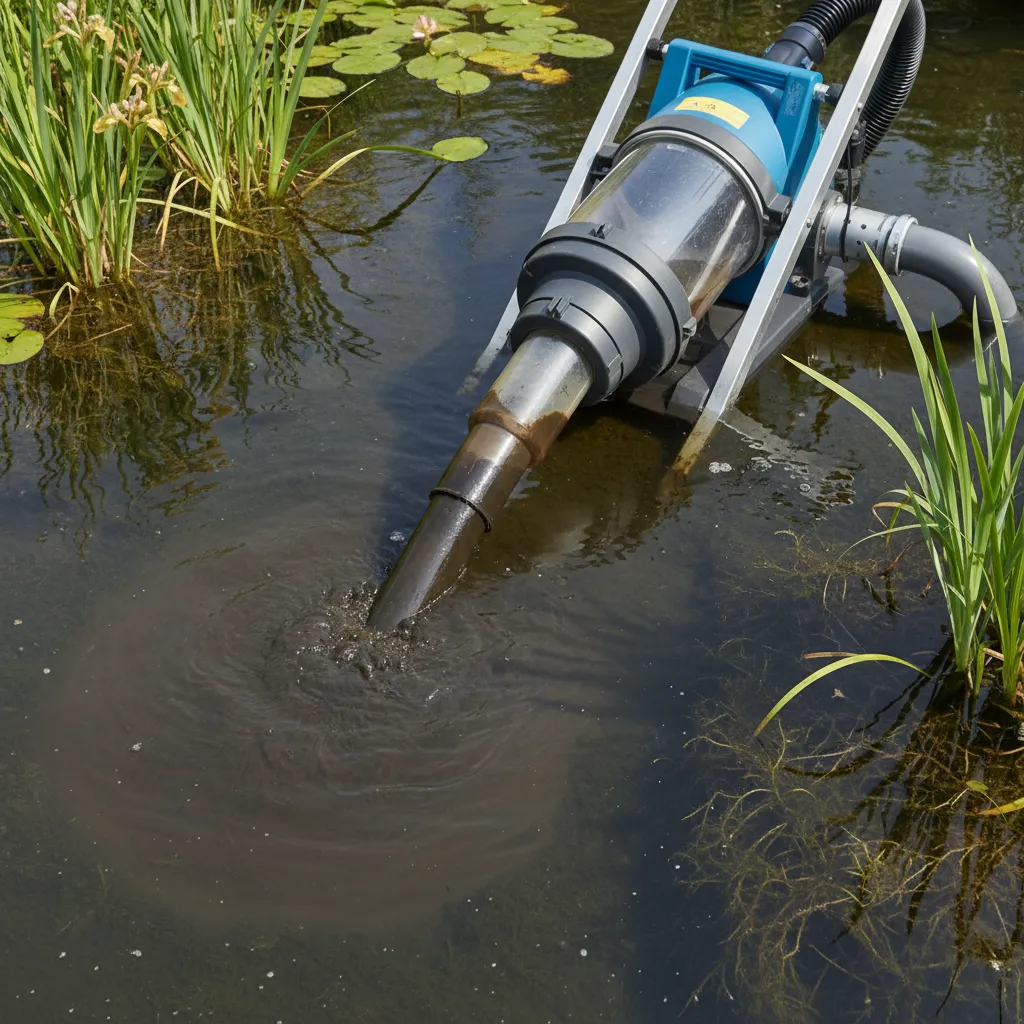 Teichschlammsauger im Einsatz: Schlamm wird vom Teichboden entfernt und gereinigtes Wasser fließt zurück