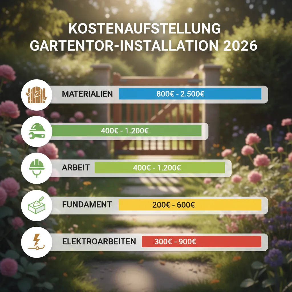 Kostenaufstellung Gartentor-Einbau 2026: Preisbestandteile für Material, Arbeit, Fundamente und Zusatzarbeiten visualisiert