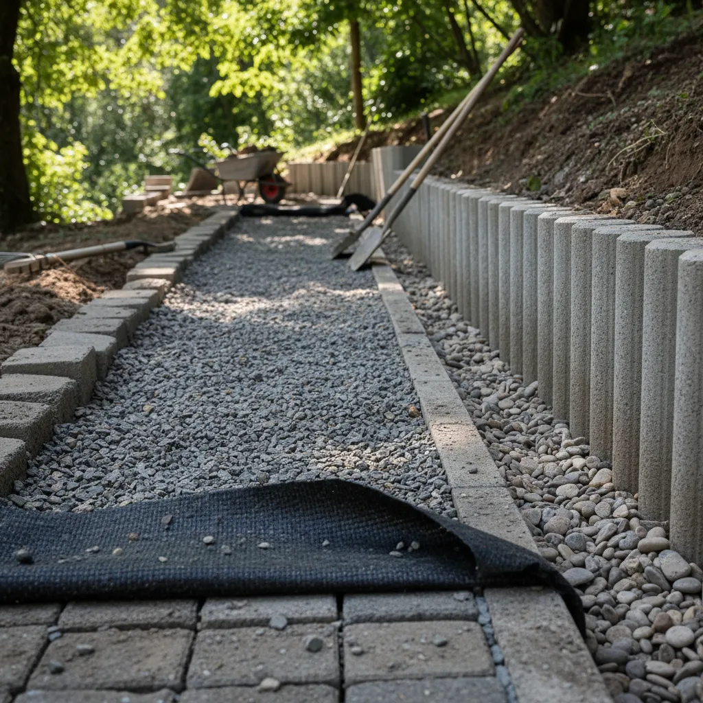 Detailaufnahme des Gartenweg-Unterbaus am Hang mit Kiesschichten, Drainage-Graben und Betonpalisaden-Stützmauer