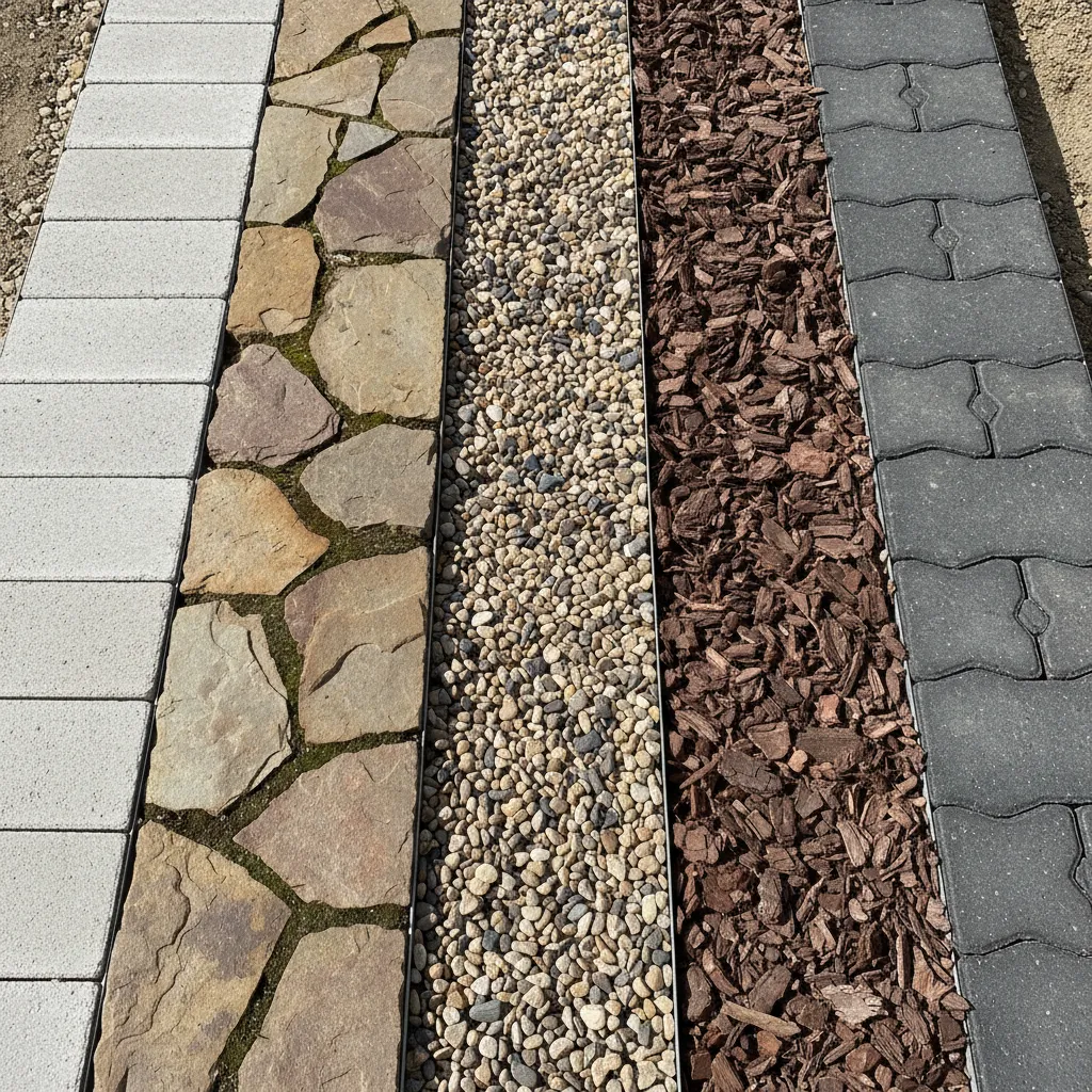 Materialvergleich für Gartenwege: Betonplatten, Naturstein, Kies und Mulch nebeneinander