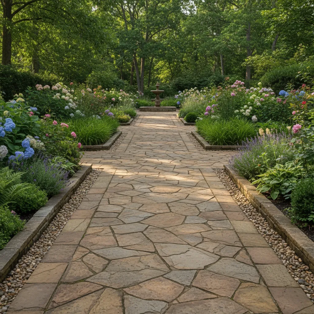 Fertiger gepflasterter Gartenweg aus Natursteinen mit vorbildlichem Gefälle für optimale Wasserdrainage im Garten