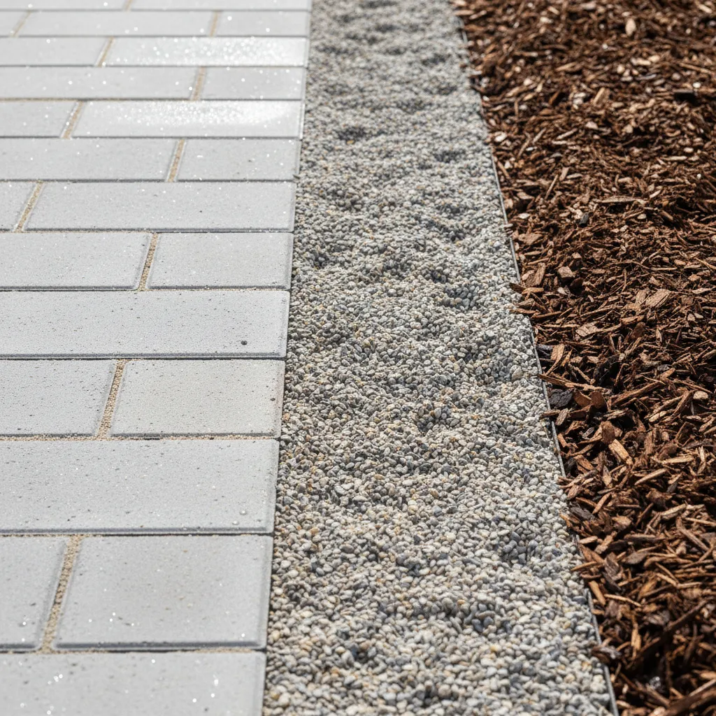 Detailaufnahme verschiedener Gartenwegmaterialien mit Betonpflaster, Kies und Holzschnitzeln, sowie sichtbar gemachter Unterbau-Schicht