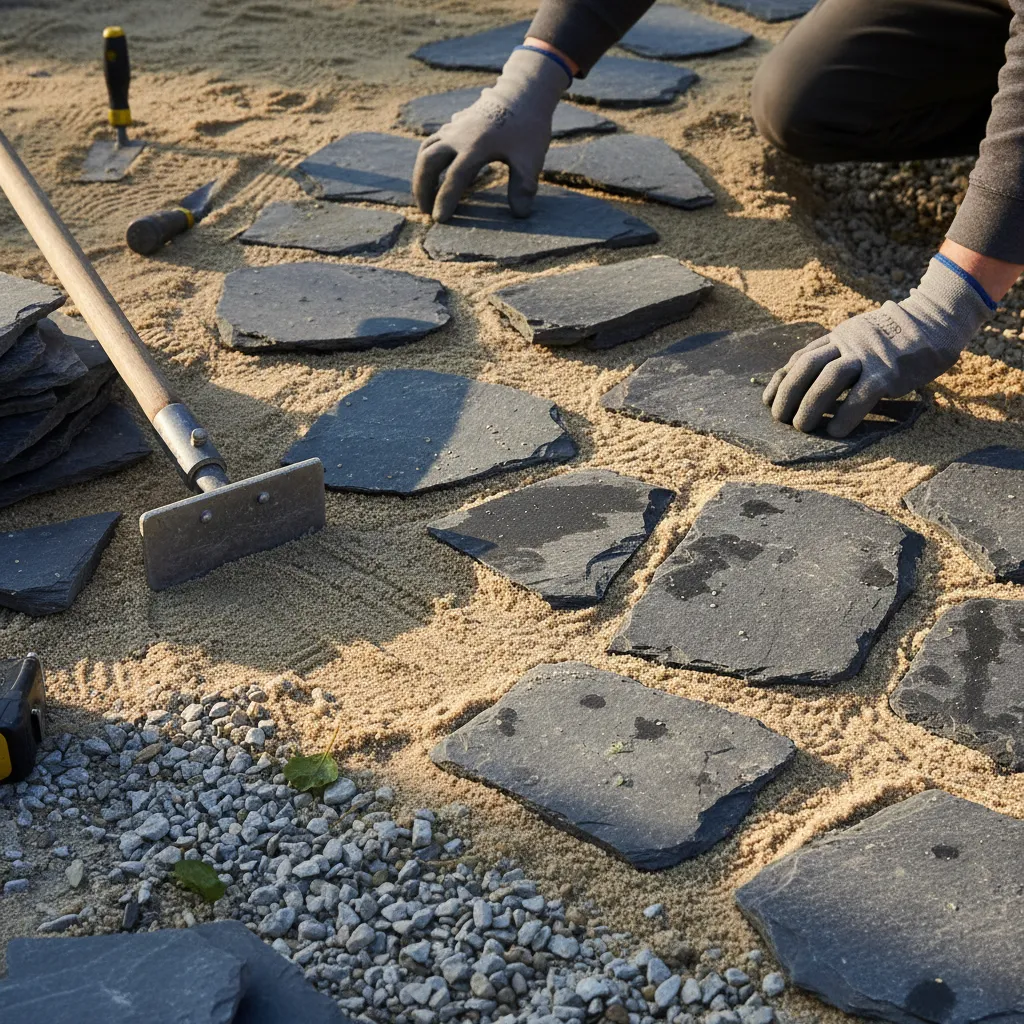 Nahaufnahme beim Verlegen von Natursteinen für einen Gartenweg auf Sandbett