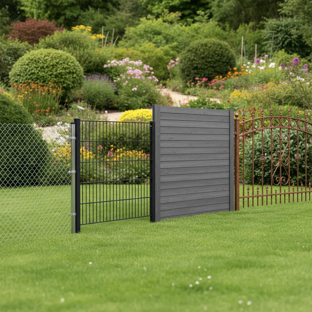 Vergleich verschiedener Gartenzäune – Maschendraht, Doppelstabmatte, WPC-Kunststoff und Schmiedeeisen nebeneinander