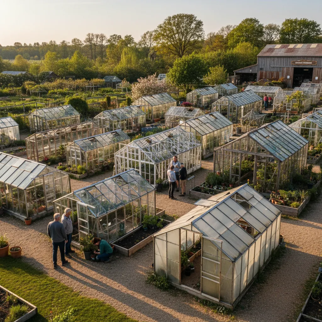 Verschiedene gebrauchte Gewächshäuser in unterschiedlichen Materialien und Größen nebeneinander im Garten ausgestellt, Käufer inspizieren die Modelle