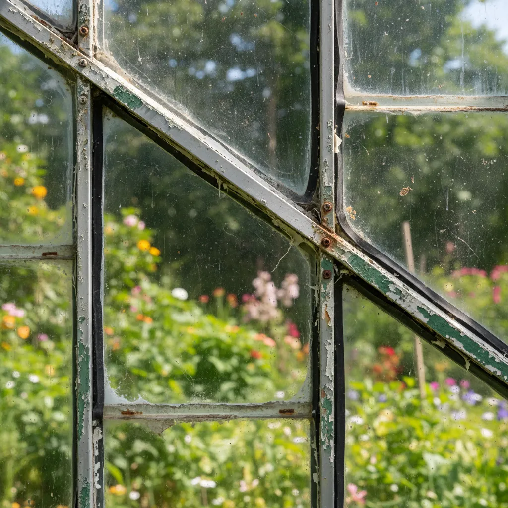 Nahaufnahme beim Inspizieren eines gebrauchten Glasgewächshauses: Aluminiumrahmen mit Oxidation und alte Dichtungsleisten werden überprüft