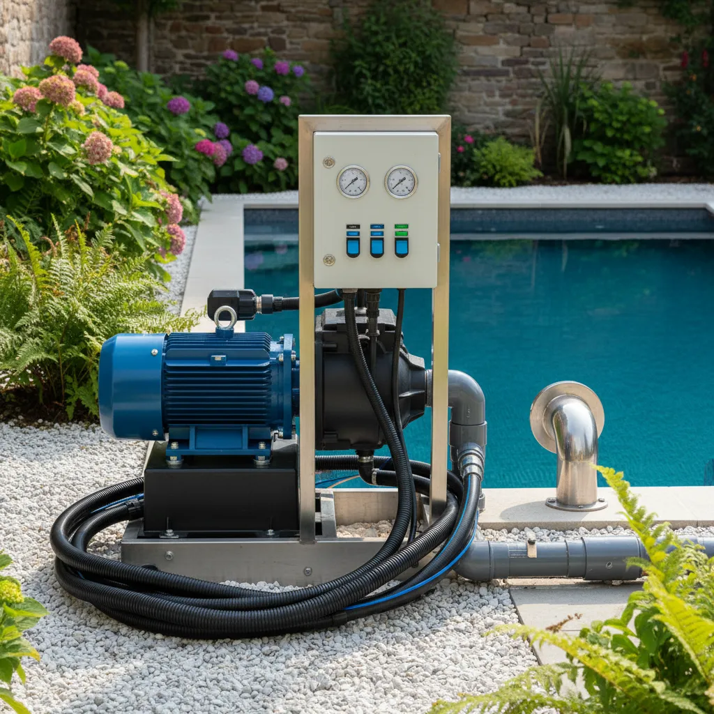 Gegenstromanlage Pool Technik: Pumpeneinheit, Steuerungsventil und Rohrleitungen einer stationären Gegenstromanlage neben dem Becken